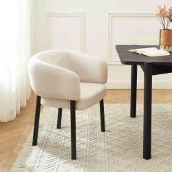 Fauteuil de table ABELIA velours tramé écru et pieds métal noir