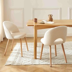 Lot de 2 chaises SIMONE tissu bouclette écru  pieds hêtre massif