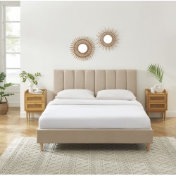 Lit double MARIUS tissu beige 160x200 sommier inclus